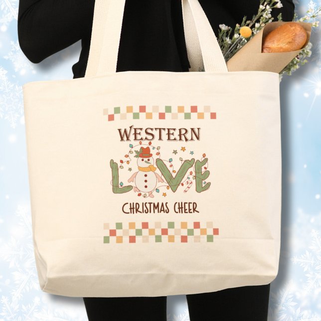 Retro Western Christmas Large Tote Bag (Western Love Christmas Cheer, Christmas tote bag large)