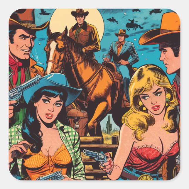 Retro Western Comics Illustration Square Sticker (Front)