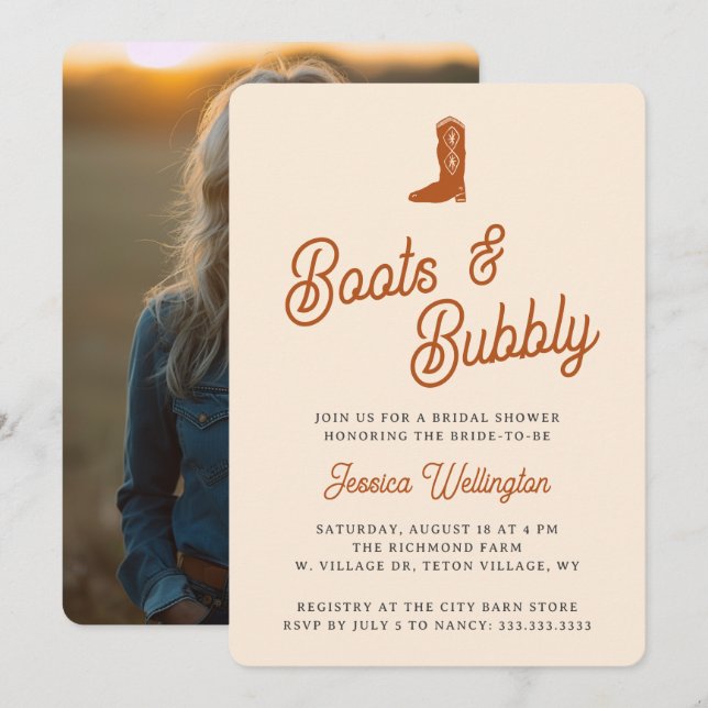 Retro Western Cowboy Boots & Bubbly Bridal Shower Invitation (Front/Back)
