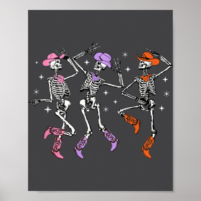 Retro Western Dancing Skeleton Halloween Cowboy Sk Poster (Front)