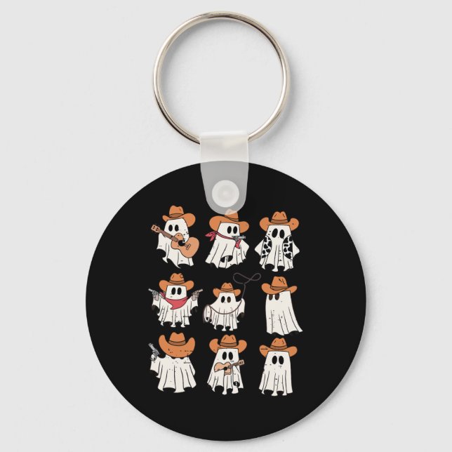 Retro Western Halloween Cowboy Ghost Collage Spook Key Ring (Front)
