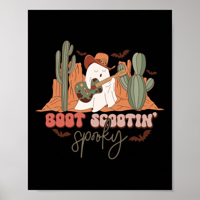 Retro Western Halloween Cute Ghost Funny Boot Scoo Poster (Front)