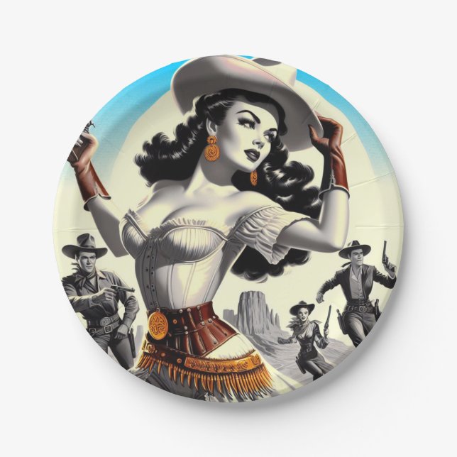 Retro Western Pin-up Paper Plate (Front)