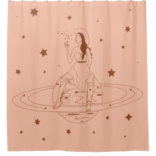 Retro Western Rust & Peach Cosmic Cowgirl Shower Curtain (Front)
