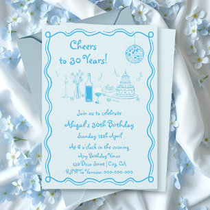 Retro whimsical aqua blue scribble birthday invitation