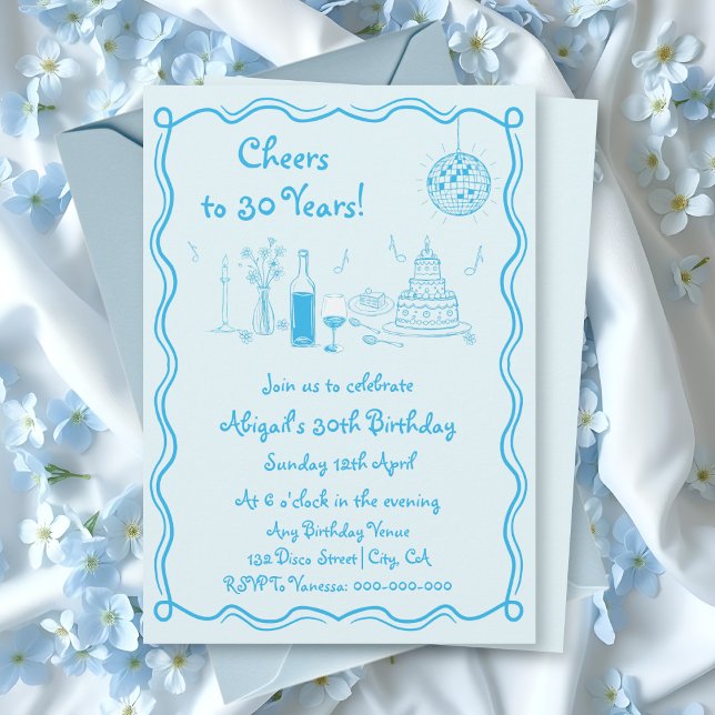 Retro whimsical aqua blue scribble birthday invitation (Creator Uploaded)