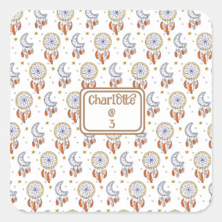 Retro Whimsical Boho Pattern Name Birthday Square Sticker