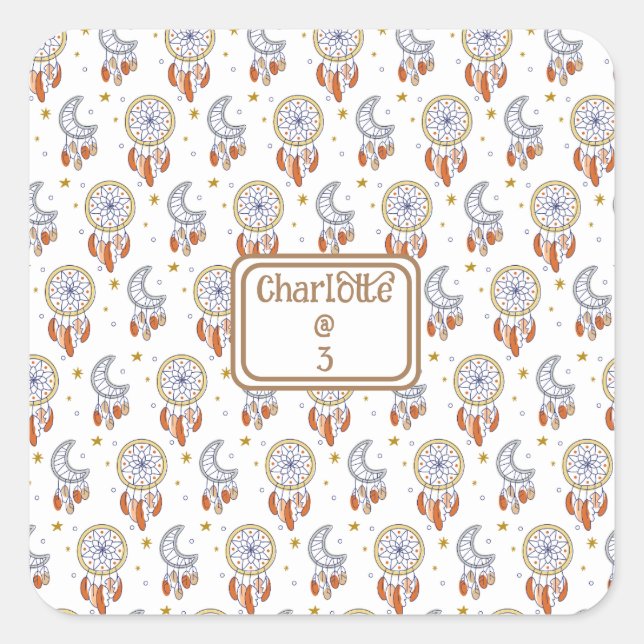 Retro Whimsical Boho Pattern Name Birthday Square Sticker (Front)