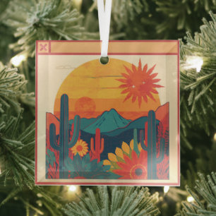 Retro Whimsical Boho Style Sunset Landscape Glass Tree Decoration