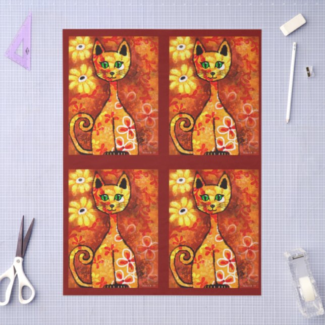 Retro Whimsical Cat Kitty Floral Orange Decoupage Tissue Paper (Craft)