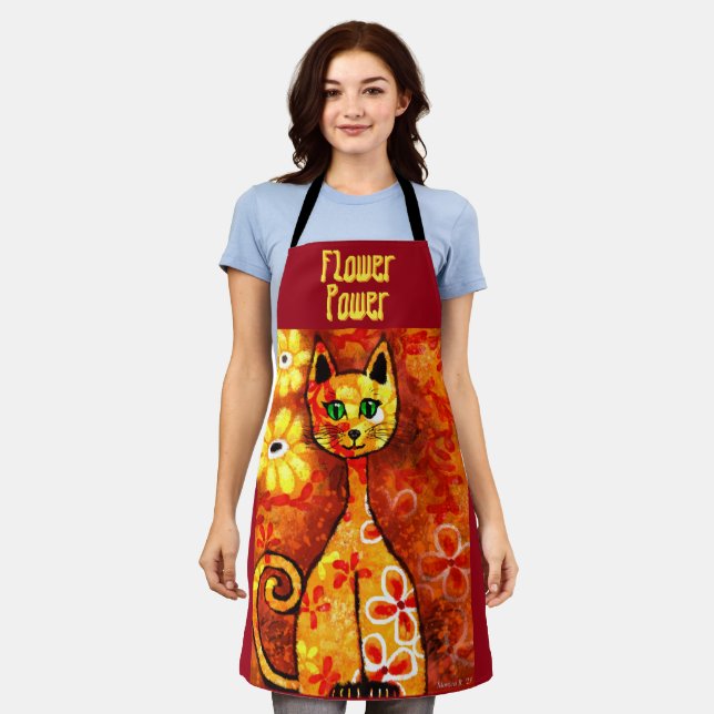 Retro Whimsical Cat Kitty Floral Orange Yellow Red Apron (Worn)