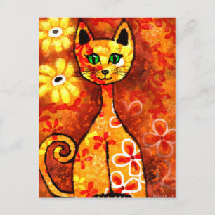 Retro Whimsical Cat Kitty Floral Yellow Red Orange Postcard