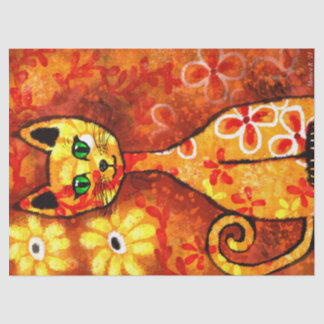 Retro Whimsical Cat Kitty Floral Yellow Red Orange Tissue Paper