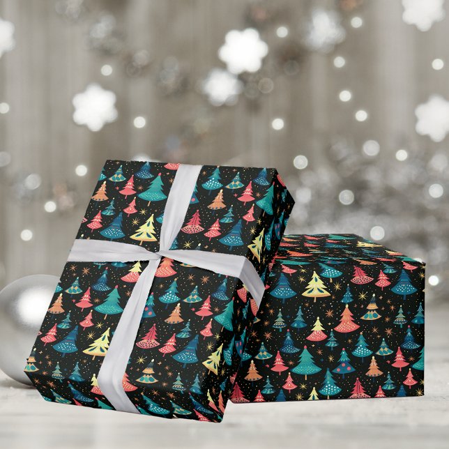 Retro Whimsical + Colourful Christmas Trees Wrapping Paper (Creator Uploaded)