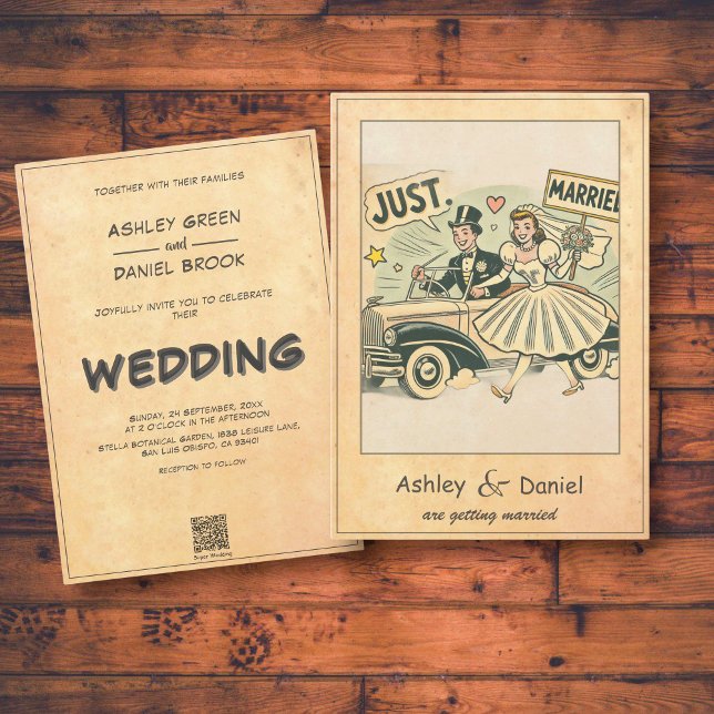 Retro Whimsical Couple Just Married Comic Wedding Invitation (Creator Uploaded)