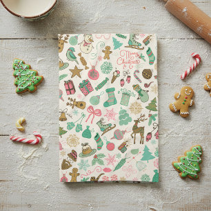 Retro Whimsical Doodles Christmas Tea Towel