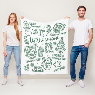 Retro Whimsical Festive Green Christmas Doodles Fleece Blanket