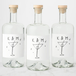 Retro Whimsical Martini Hand Drawn Custom Initials Liquor Bottle Label