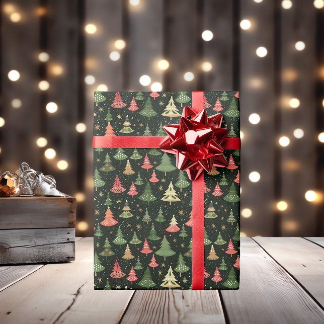 Retro Whimsical + Nostalgic Christmas Trees Wrapping Paper (Creator Uploaded)