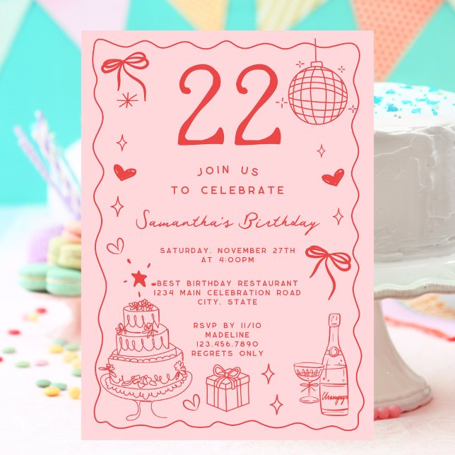 Retro Whimsical Quirky Red Pink 22nd Birthday Invitation (Creator Uploaded)