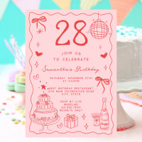Retro Whimsical Quirky Red Pink 28th Birthday