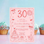 Retro Whimsical Quirky Red Pink 30th Birthday Invitation<br><div class="desc">Celebrate her 30th birthday in style with this delightful retro red and pink invitation! Designed with a hand drawn vintage French aesthetic, this elegant invite features delicate squiggles, wavy borders, and detailed illustrations of a birthday cake and champagne toast. The personalised handwritten font adds a special touch, while the vintage-inspired...</div>