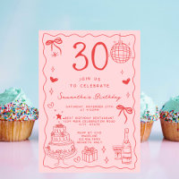 Retro Whimsical Quirky Red Pink 30th Birthday