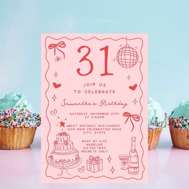 Retro Whimsical Quirky Red Pink 31st Birthday Invitation (Creator Uploaded)
