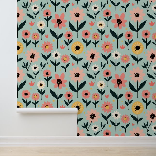 Retro Whimsical Spring Floral Pattern Wallpaper (Application)