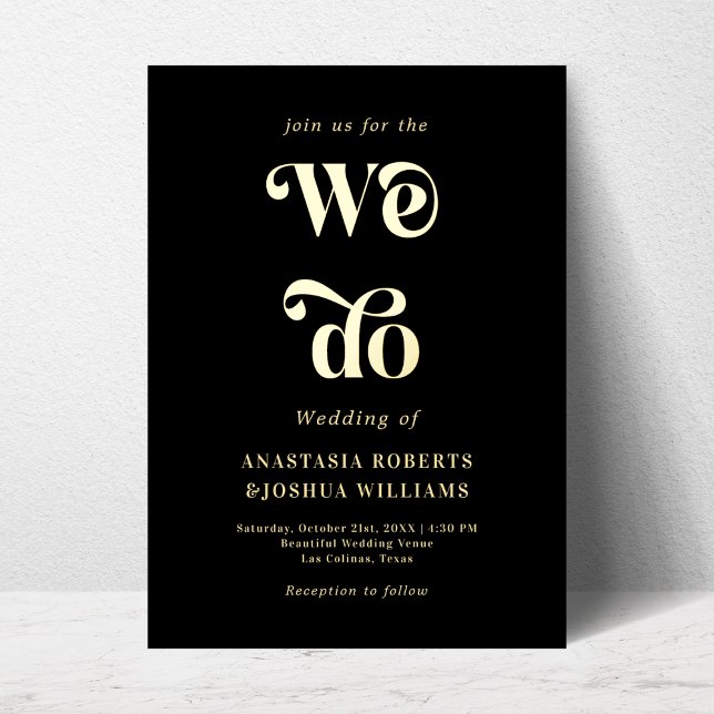 Retro Whimsy We Do Black Real Gold Foil Invitation (Creator Uploaded)