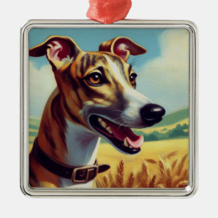 Retro Whippet Dog Painting Metal Tree Decoration