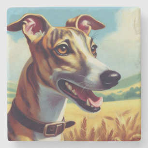 Retro Whippet Dog Painting Stone Coaster