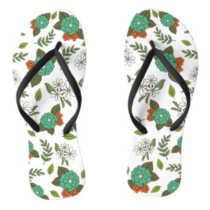 Retro White and Green Floral Flip Flops