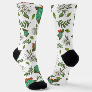 Retro White and Green Floral Socks