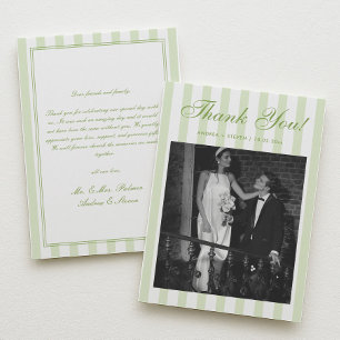 Retro White and Green Striped Wedding Photo Thank You Card