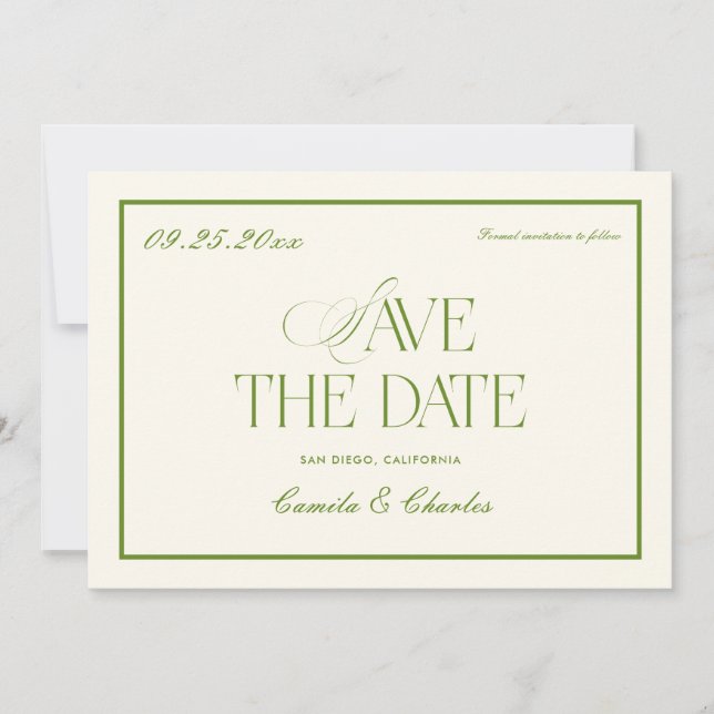 Retro White and Green Wedding Save the date Photo  Invitation (Front)