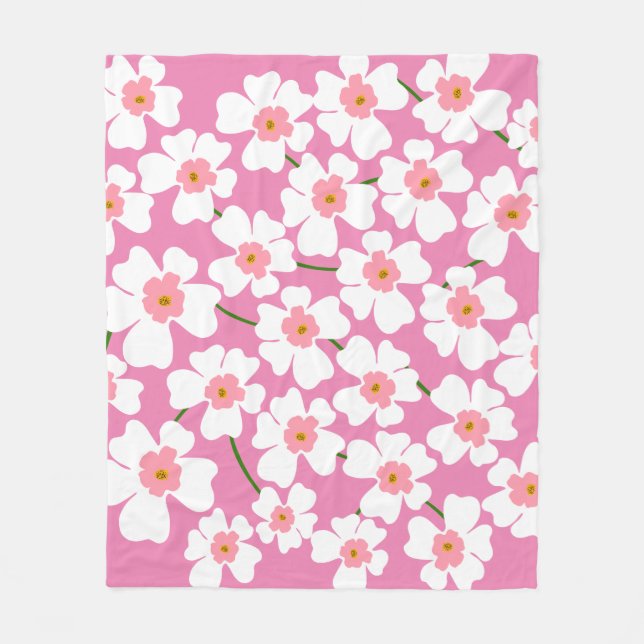 Retro White and Pink Flower Aesthetic Pattern Fleece Blanket (Front)