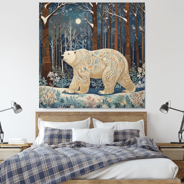 Retro white bear boho winter woodland forest canvas print (Insitu(Bedroom))