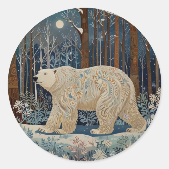 Retro white bear boho winter woodland forest classic round sticker (Front)