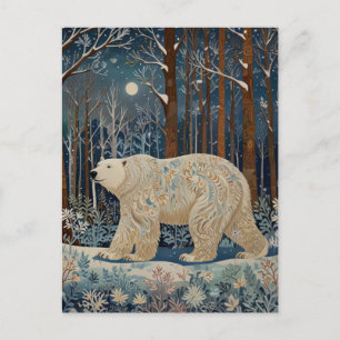 Retro white bear boho winter woodland forest holiday postcard