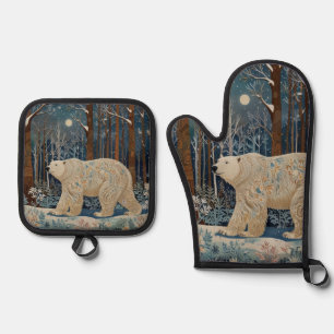Retro white bear boho winter woodland forest oven mitt & pot holder set