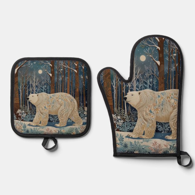 Retro white bear boho winter woodland forest oven mitt & pot holder set (Front)