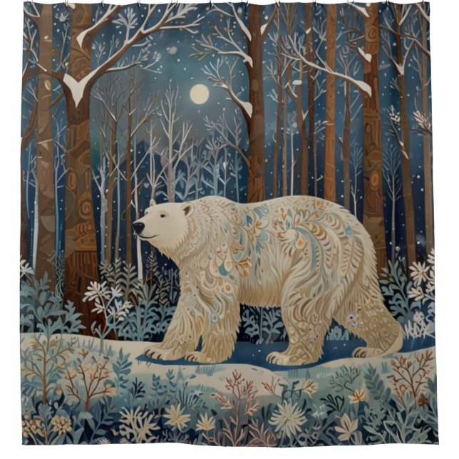 Retro white bear boho winter woodland forest shower curtain (Front)