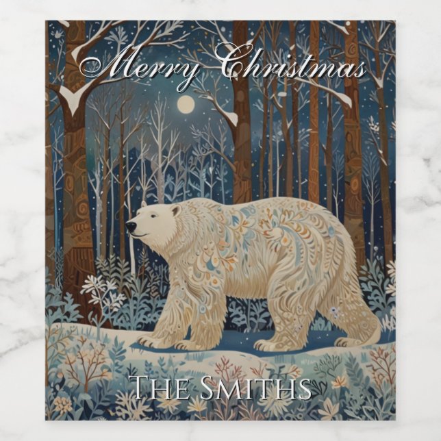 Retro white bear boho winter woodland personalise  wine label (Single Label)