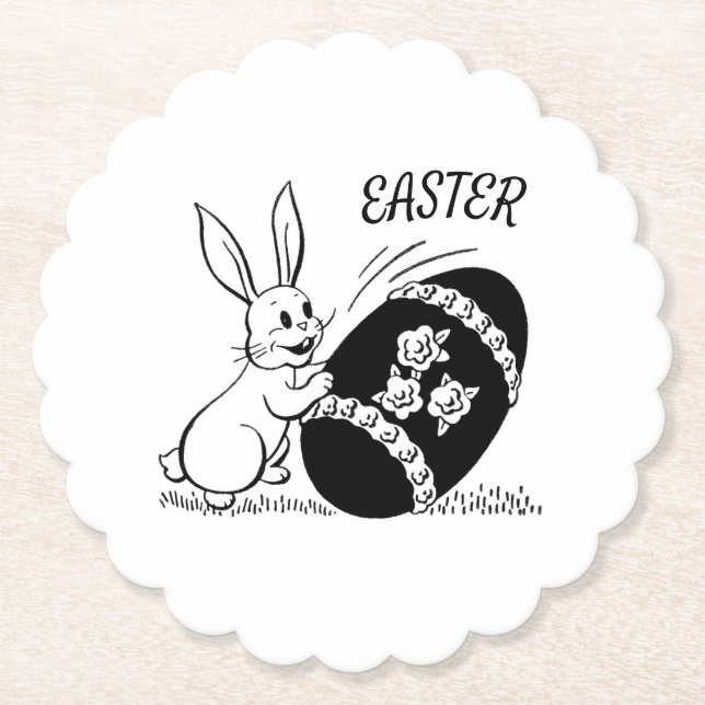 Retro White Bunny and Easter Egg Paper Coaster (Front)