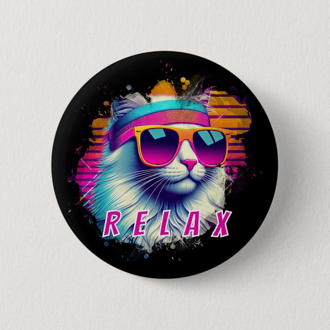 Retro White Cat with Orange Sunglasses Custom 6 Cm Round Badge (Front)