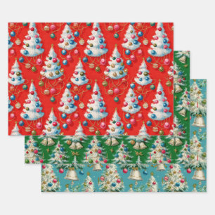 Retro White Christmas Tree Wrapping Paper Sheet