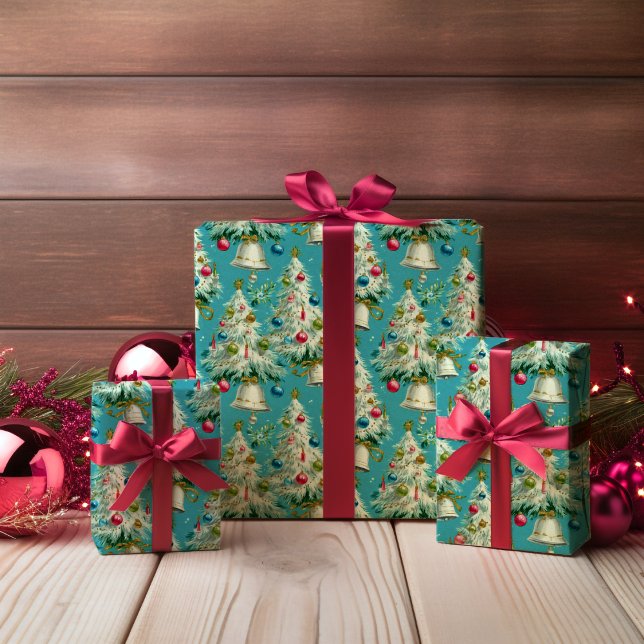 Retro White Christmas Trees Blue Wrapping Paper (Creator Uploaded)