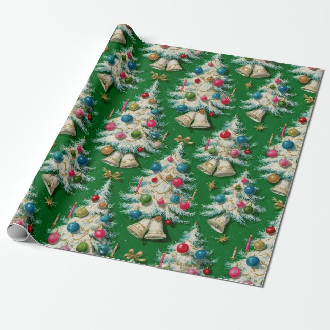 Retro White Christmas Trees Green Wrapping Paper (Unrolled)