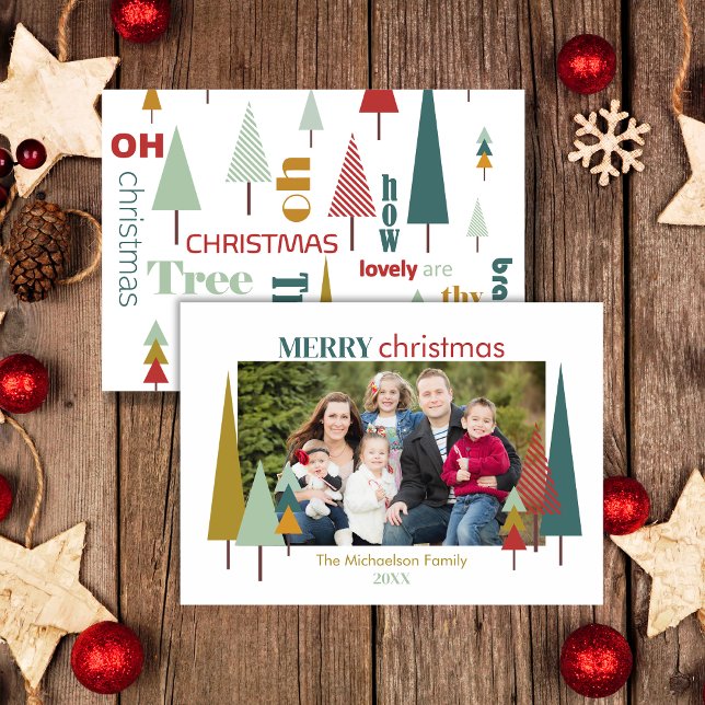 Retro White Colourful Oh Christmas Tree Photocard Invitation (Creator Uploaded)